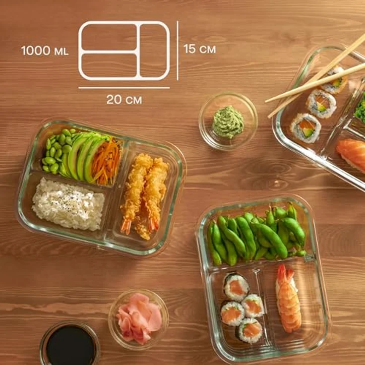 Praknu Lunchbox Frischhaltedosen Set Glas 3 Kammer 1000 ml - BPA-freier Kunststoffdeckel, Ofenfest, Bento Box Zum Einfrieren - Tupper – Bild 5