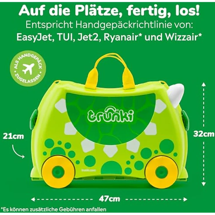 TRUNKI Kinderkoffer Dudley Dinosaurier | Handgepäck mit 18 Liter Kapazität | Trolley zum Draufsitzen | Reisegeschenk für Jungen und Mädchen (Grün) – Bild 2