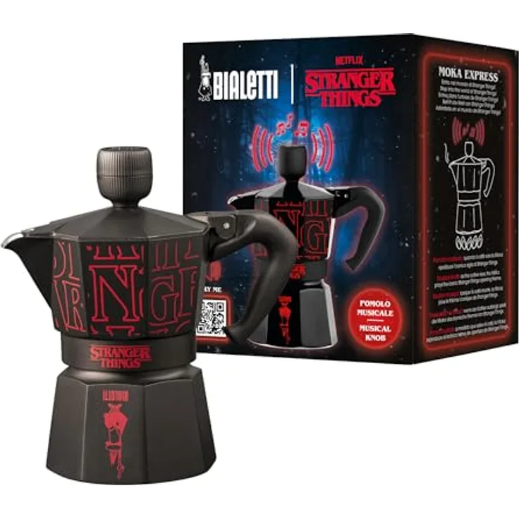 Bialetti Espressokanne Stranger Things, 3 Tassen, Edelstahl, Schwarz / Rot mit Easy-Clean Sicherheitsventil