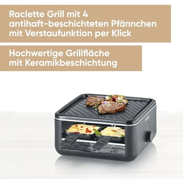 SEVERIN Mini Raclette-Grill für 4 Personen, Black Line, 800W Leistung, mit extra tiefen antihaftbeschichteten Pfännchen – Bild 2