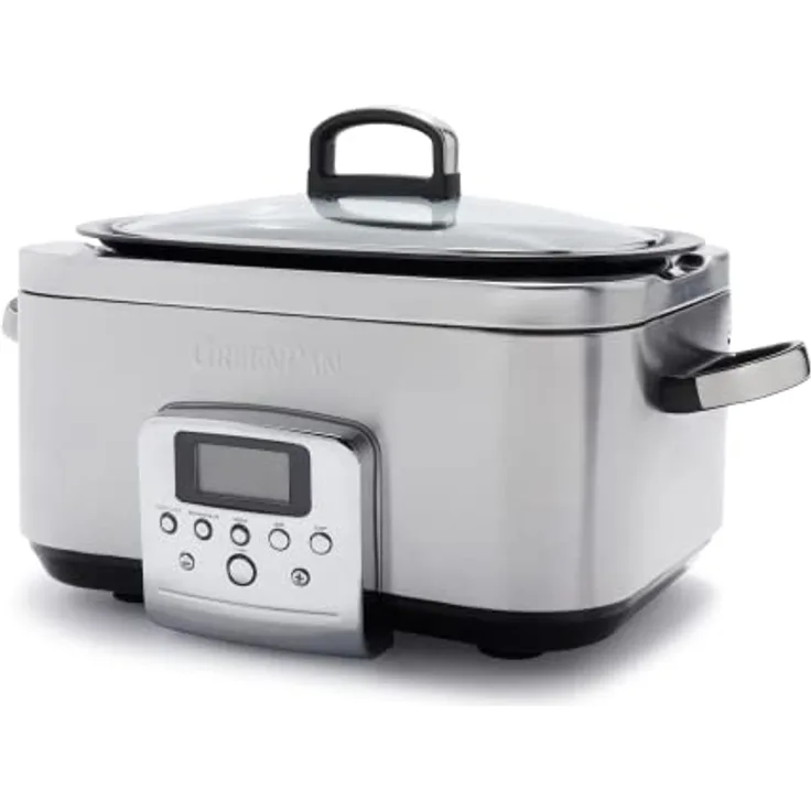 GreenPan Elite 8-in-1 programmierbarer 6L Slow Cooker Multikocher, spülmaschinenfester Deckel & Topf, gesunde keramische Antihaftbeschichtung zum Braten, Schmoren, mit Dampfgareinsatz, Edelstahl
