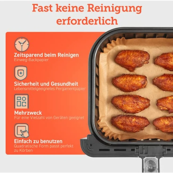 COSORI Backpapier für Heißluftfritteuse 4,5-6L, 100 Stück, 20cm, Ungebleichte und antihaftbeschichtete quadratische Einwegpapier für Airfryer, Backofen, Mikrowelle, Dampfgarer, Öl- und wasserdicht – Bild 2