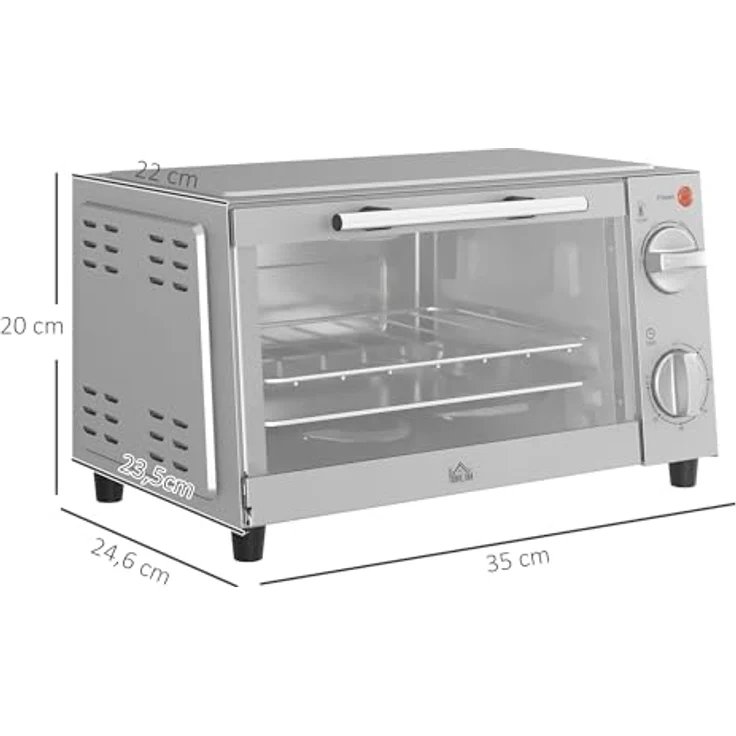 HOMCOM Minibackofen 9L Mini Ofen mit Backblech, Grillrost, einstellbarer Temperatur und Timer, 750W, Edelstahl, Silber – Bild 5