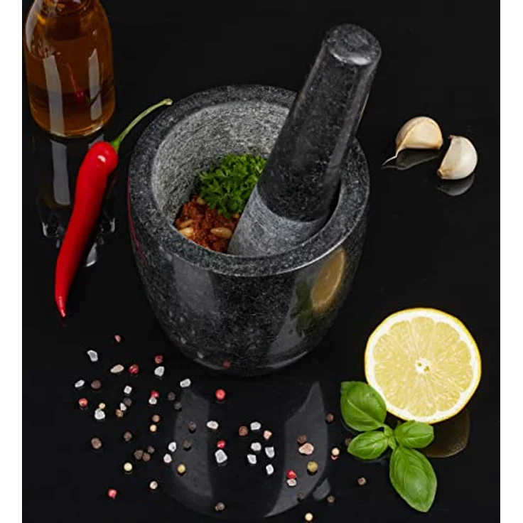 Relaxdays Granit Mörser mit Stößel, robust & langlebig, Gewürze, Kräuter, polierter Steinmörser, Ø 13 cm, 500ml, schwarz – Bild 4