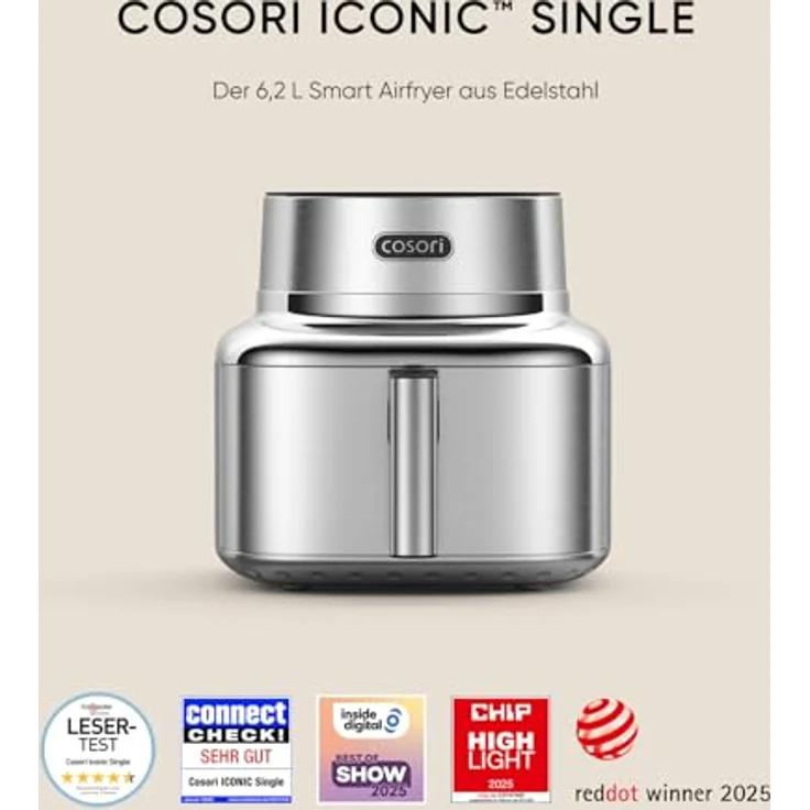 COSORI ICONIC™ Heißluftfritteuse 6,2 L aus Edelstahl, kompakt, mit Touchdisplay, voreingestellten Programmen & spülmaschinenfestem Frittierkorb – Bild 3