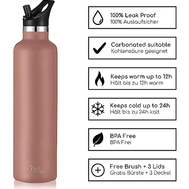 Milu Edelstahl Trinkflasche 1000ml, doppelwandige Thermosflasche mit Strohhalm, isolierte, auslaufsichere Wasserflasche in Rose Gold, inkl. 3 Deckel – Bild 4