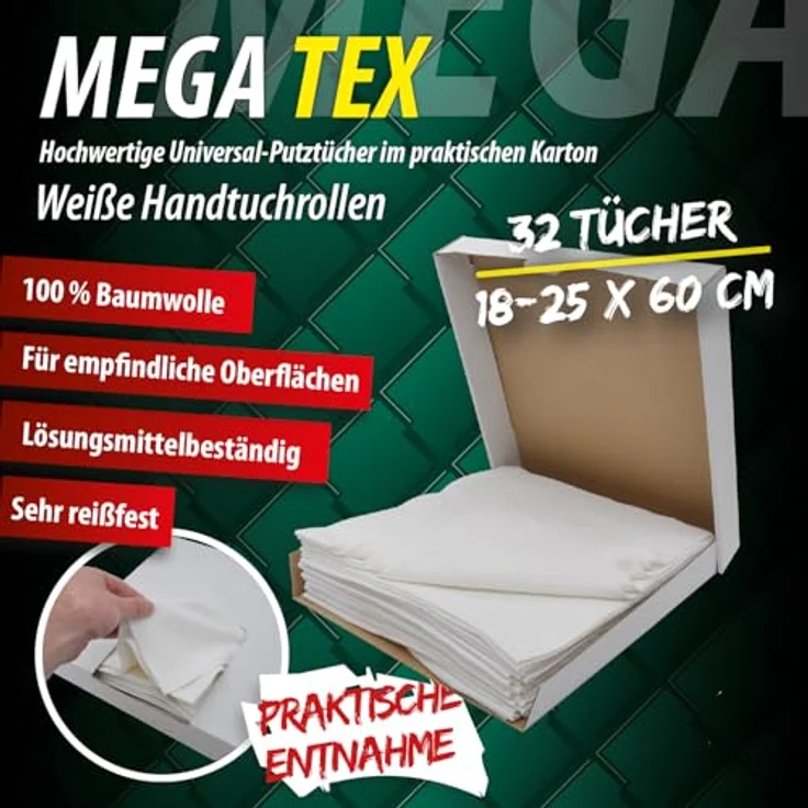 Silisto MEGA Tex Universal-Putztücher Weiß, 32 Stück Allzwecktücher aus 100% Baumwolle, ca. 18-25x60 cm, für Haushalt, Werkstatt und Auto – Bild 2