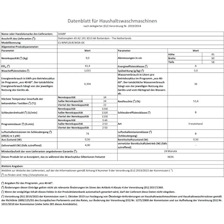 Sharp ES-WNFL914CWDA-DE, 9 kg Waschmaschine mit Invertermotor, Energieeffizienzklasse A, AquaStop und Dampffunktion – Bild 12