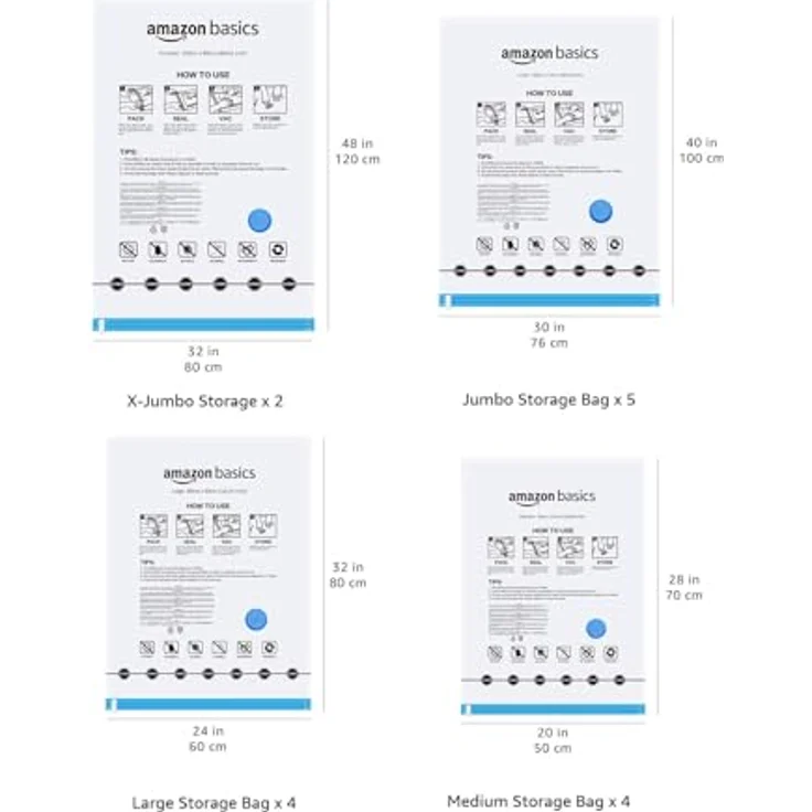 Amazon Basics Vakuumbeutel für Kleidung, 15er-Pack mit Luftdichtem Ventil und Handpumpe, inkl. 2 x X-Jumbo, 5 x Jumbo, 4 x Groß, 4 x Mittelgroß, Transparent – Bild 5