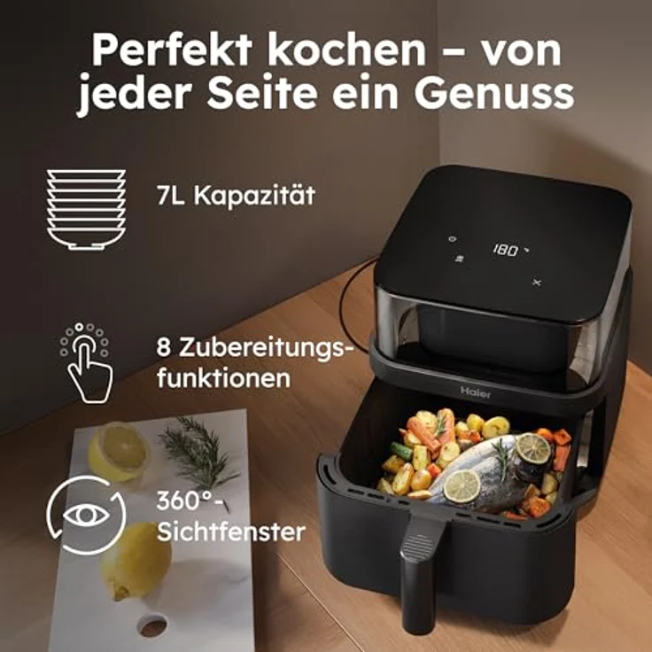 Haier HAF3AFW Heißluftfritteuse 7L mit 360° Sichtfenster, 8in1 Funktionen: Frittieren, Grillen, Braten, Backen, Dörren, Aufwärmen, Auftauen, Slow Cook, antihaftbeschichtet, spülmaschinenfest – Bild 3