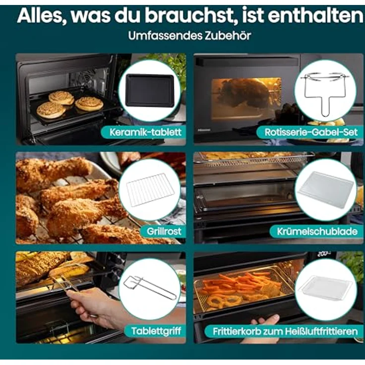 Hisense Minibackofen HOM30AF, 30 Liter, 1.800 Watt, 12 Programme, Heißluftfunktion, elegantes Design, integrierte Rotisserie – Bild 14