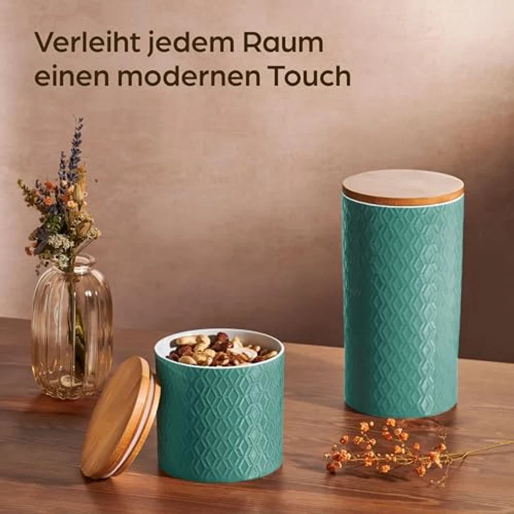 Niboline Keramikdose mit Deckel Luftdicht - 3er Vorratsdosen Set aus Holzdeckel für Müsli Mehl Kaffee & Zucker Aufbewahrung - Spülmaschinenfest (Türkis) – Bild 6
