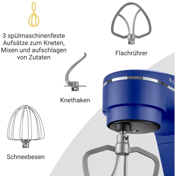 KLAMER Küchenmaschine 1800W, Knetmaschine mit 6 Liter Edelstahl Schüssel, 10 Geschwindigkeitsstufen mit Timer, Rührbesen, Knethaken, Schneebesen und Spritzschutz – Bild 4