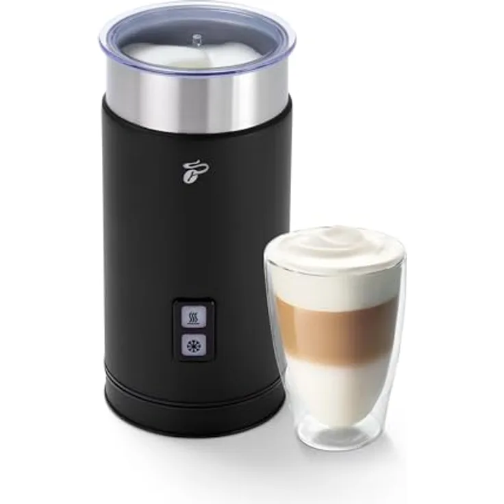 Tchibo elektrischer Milchaufschäumer, 130ml Fassungsvermögen, aus rostfreiem Edelstahl, Antihaftbeschichtung, warmer und kalter Milchschaum, für Latte Macchiato, Cappucino und Kakao (Schwarz)