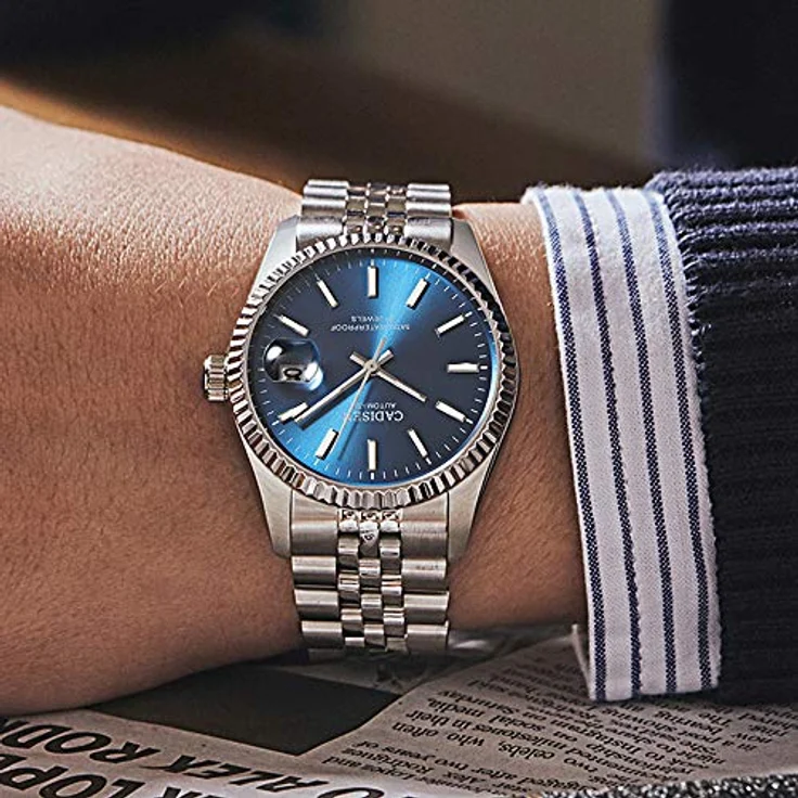 CADISEN Herren Automatikuhr, Elegante mechanische Uhr mit Saphirglas, Kalender und Edelstahlarmband, wasserdicht bis 50 m, Blau – Bild 3