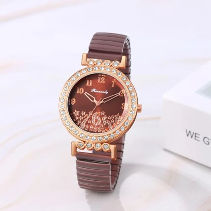 JewelryWe Damenuhr Elastisch auf Zirkonia mit Braunem Edelstahl Stretch-Armband, Analog Quarzwerk und Gut Ablesbarer Digitalskala – Bild 5