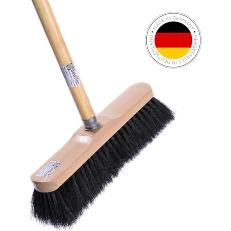 BawiTec Roßhaarbesen Kehrgarnitur, sehr weicher Zimmerbesen mit lackiertem Buchenholzkörper, geeignet für Fliesen, Laminat, Parkett und empfindliche Oberflächen, 30 cm Breite, Teleskopstiel 75–130 cm oder Holzstiel. – Bild 2