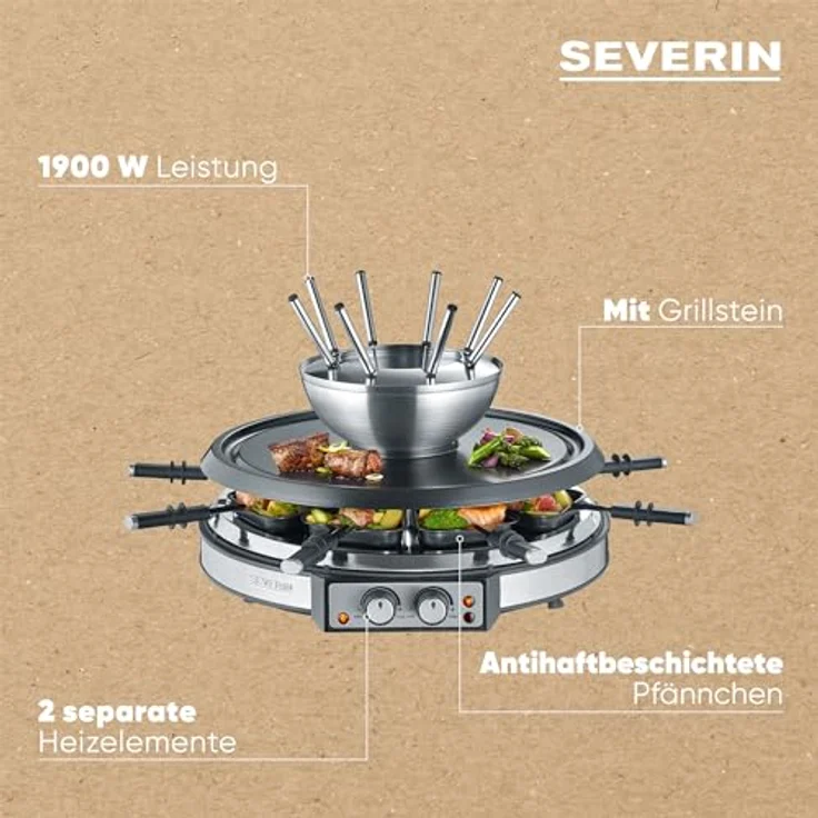 SEVERIN RG 2348 Raclette-Fondue Kombination ca. 1900 W, XXL-Zuleitung, Inkl. Fondue-Topf aus Edelstahl und 8 Pfännchen – Bild 4