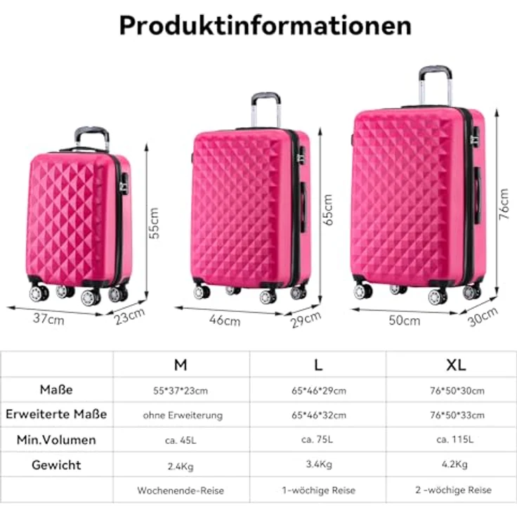BEIBYE Kofferset Hartschale Trolley Reisekoffer mit 4 Zwillingsrollen, integriertes Sicherheits-Zahlenschloss, in Peach (Handgepäck M 53x35x20cm, XL/L mit Dehnungsfuge) – Bild 5