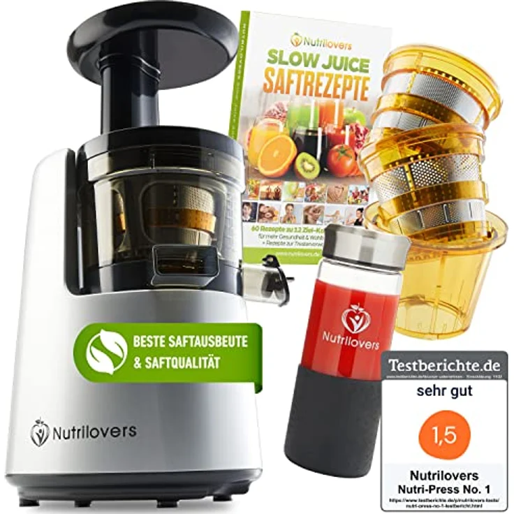 Nutrilovers NUTRI-PRESS NO.1, Slow Juicer mit 3 Sieben, sehr leise, BPA-frei, 200 W, Testsieger Saftausbeute – Bild 1