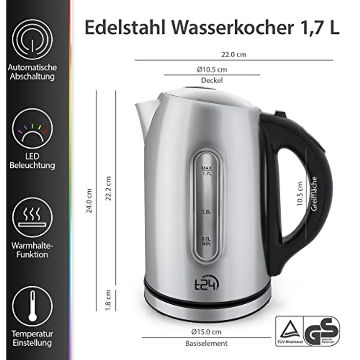 T24 Wasserkocher 2200W, Edelstahl, 1,7L, LED, 60 - 100 °C, Warmhaltefunktion, edelstahl - Preisvergleich – Bild 2