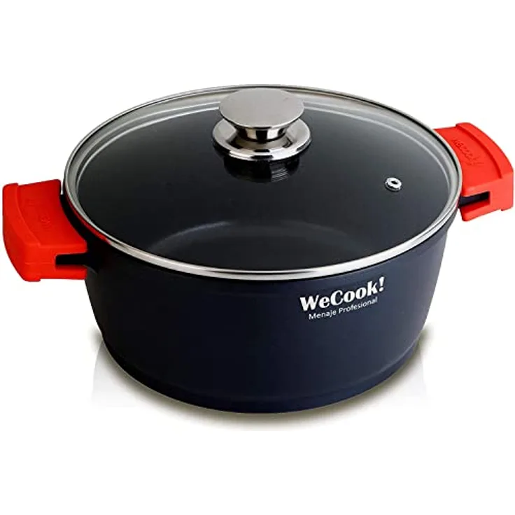 WECOOK! Ecostone Hoher Kochtopf 28 cm Induktion mit Glasdeckel, Antihaftbeschichtung XTRA DUPONT PFOA-frei, Aluminiumguss, 5mm Dick, Silikongriffe, Vitrokeramik, Gas, Backofen