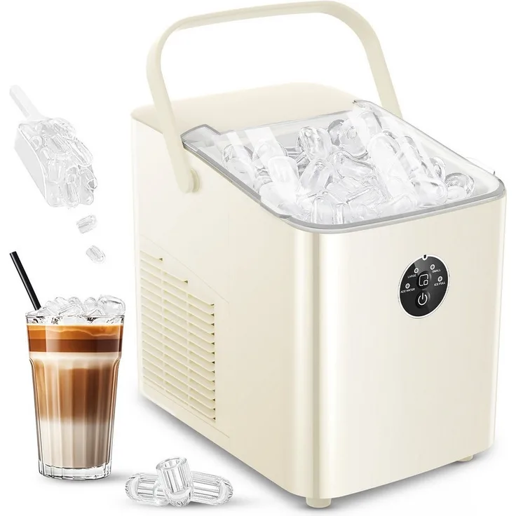 FOHERE Eiswürfelmaschine Klein, 14 kg/24 h, 6 Min. Eisproduktion, 2 Bullet Ice Größen, selbstreinigend, weiß