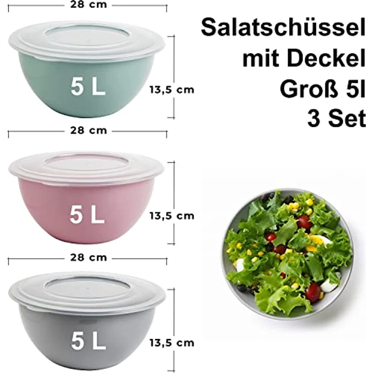 Schüssel mit Deckel 5l, Salatschüssel mit Deckel, Rührschüssel, Kunststoff (PP) BPA-frei, Farbe: hell grau, pastell rosa und grün, Transparent Deckel, Ø 28 cm, Made in EU – Bild 2