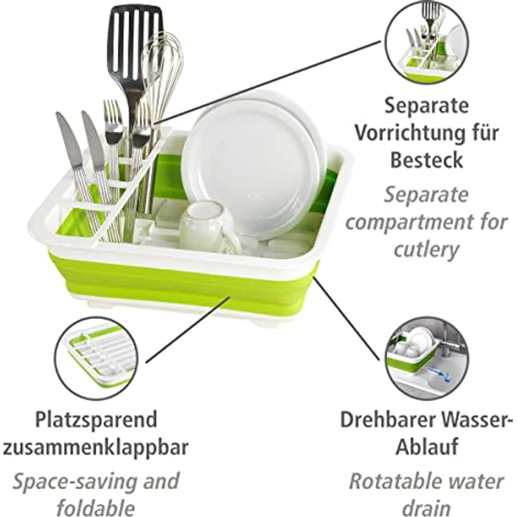 Wenko Geschirrabtropfer Gaia faltbar, zusammenfaltbarer Geschirr Abtropfständer für die Küche, Abtropfgestell mit Besteck-Halter und Tellerständer, Kunststoff, 36,5 x 13 x 31 cm, Grün-weiß – Bild 2