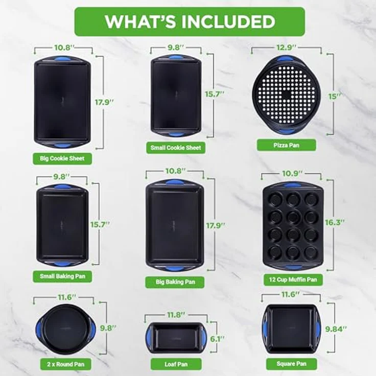 Backformen-Set für den Backofen ? Deluxe, antihaftbeschichtet, blaue Diamanten, innen und außen, Karbonstahl, mit roten Silikongriffen, 10-teilig – Bild 3