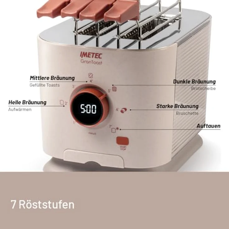 Imetec Grantoast 2-Scheiben-XL-Toaster, Edelstahl mit LED-Anzeige, Digitalem Timer, 7 Bräunungsstufen und Schiebeklemmen für gefüllten Toast – Bild 5
