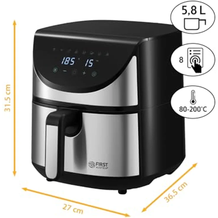 TZS First Austria Air Fryer | 5,8 L | 80-200°C | 8 Programme | Digitalsteuerung | Antihaftbeschichtung | 1700 W | Timer | Edelstahl-Heizelement, Heißluftfritteuse in Silber – Bild 2