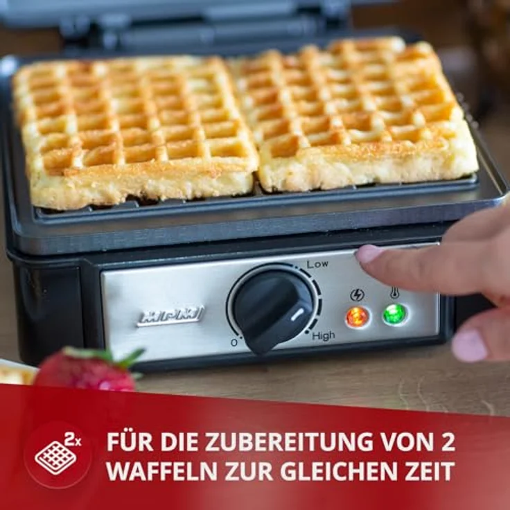 MPM MGO-24 Professionelles Waffeleisen für 2 Dicke belgische Waffeln, Antihaftplatten, automatische Temperaturregelung, schwarz, 1400W – Bild 5