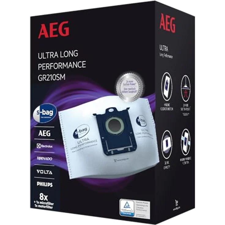 AEG GR210SM s-bag Ultra Long Performance, MegaPack mit 8 XXL Synthetik Staubbeuteln, 1 Motorfilter, 1 Mikrofilter, optimale Filtration & Saugleistung, Hygieneverschluss, 5 Liter, weiß – Bild 2