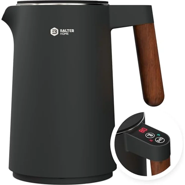 BALTER Edelstahl Wasserkocher mit Temperatureinstellung, 45°C-100°C, Doppelwand, BPA frei, leise & kabellos, Warmhaltefunktion, Teekocher mit Temperaturanzeige, 1.5L, 2200W, Schwarz (Titanium Gray) – Bild 1