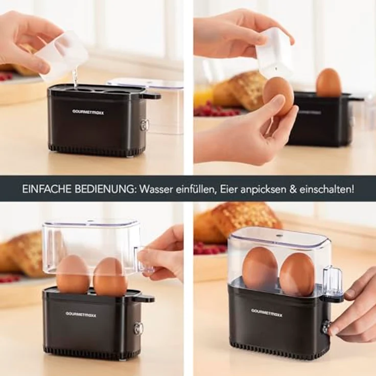 GOURMETmaxx Eierkocher für 2 Eier | Elektrischer, energiesparsamer Egg Cooker | Mit Messbecher & Ei-Pick | Kompaktes Design & BPA frei [Schwarz] – Bild 3