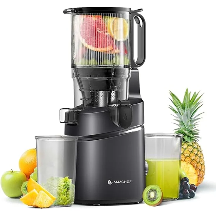 AMZCHEF SJ-036-BK Slow Juicer schwarz – 135 mm Öffnung, 250 W Motor, hohe Saftausbeute, nährstoffschonendes Entsaften