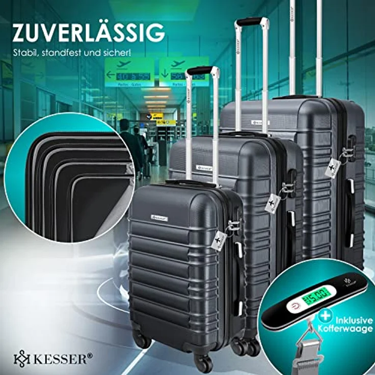 KESSER® 3tlg. Hartschalenkofferset Hard Shell Basic Hartschalenkoffer Trolley Koffer Reisekoffer Reisekofferset Gepäck Rollkoffer Schloss 4 Rollen ABS-Hartschale Teleskopgriff M-L-XL, Anthrazit – Bild 4
