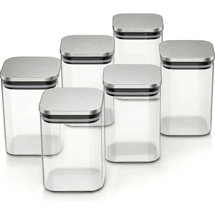 Arendo Vorratsgläser 6x 1,65 L Borosilikatglas mit Edelstahldeckel, luftdicht, eckig, hitzebeständig, mikrowellengeeignet