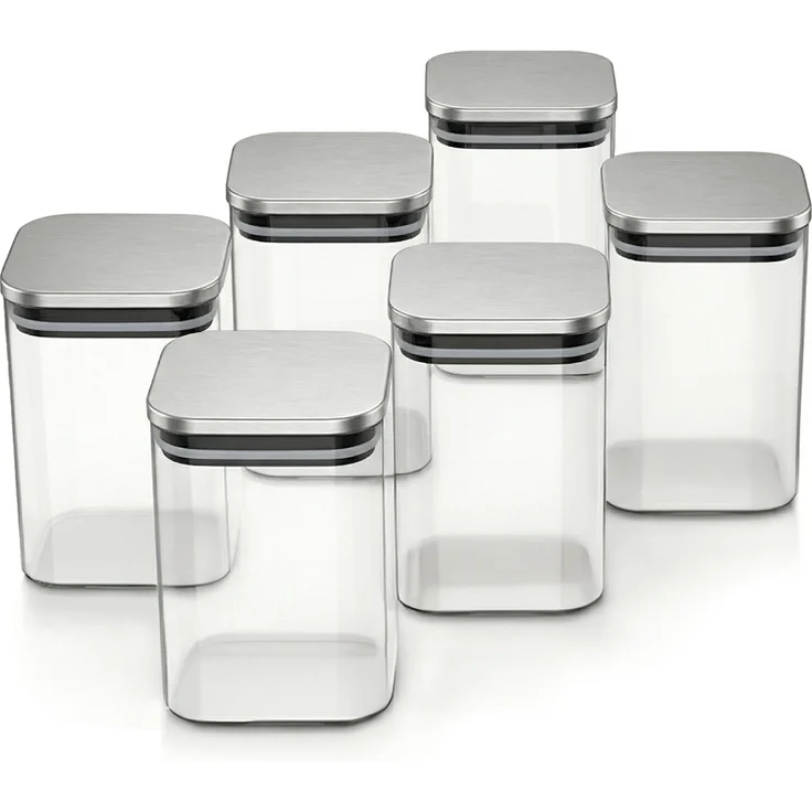 Arendo Vorratsgläser 6x 1,65 L Borosilikatglas mit Edelstahldeckel, luftdicht, eckig, hitzebeständig, mikrowellengeeignet