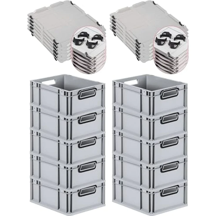 PROREGAL SuperSparSet 10x Eurobox NextGen Color, grau, mit Auflagedeckel und Schiebeschnappverschlüssen, HxBxT 17x30x40cm, 16L, mit offenen Griffen, lebensmittelecht, robust und stapelbar – Bild 1