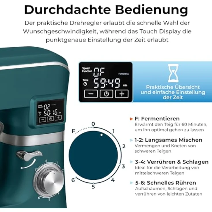 KLAMER Küchenmaschine Classic 1400 W, 5,5 L Edelstahlschüssel, Knet-, Rühr- & Schneebesenaufsatz, Timer & LED-Display, stabile Saugnapffüße, ideal für Brot-, Kuchen- & Pizzateig – Bild 3