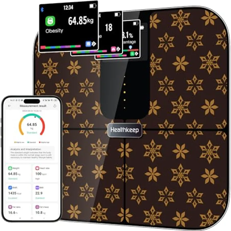 Healthkeep Personenwaage, angeschlossen, Bluetooth, mit TFT-Farbdisplay und ITO-Technologie, 25 Körperdaten mit Herzfrequenz, App, für Android und iOS, 180 kg/400 lb/28st, Braun