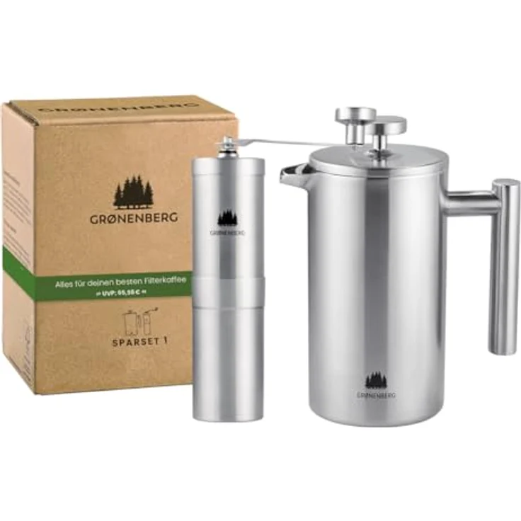 Groenenberg Spar Set 5 | French Press Thermo (3 Größen) + Edelstahl Kaffeemühle manuell | Handkaffeemühle | Kaffeepresse inkl. Ersatzfiltern (350 ml French Press) – Bild 2