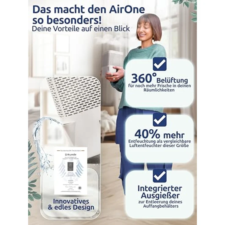 BonAura® AirOne Luftentfeuchter, stromlos bis 23m², 360° Belüftung, integrierter Ausgießer & 680g Granulat, Schimmel- und Geruchsschutz – Bild 2