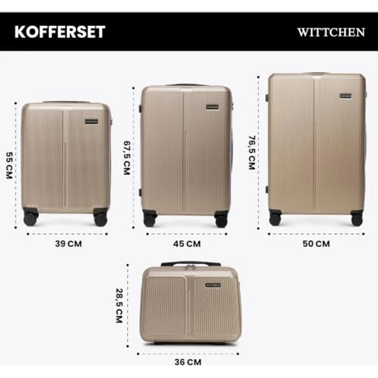 WITTCHEN Stripes Line Kofferset, Hartschalenkoffer ABS mit Kosmetiktasche, 4 Doppelrollen, Teleskopgriff, Zahlenschloss, Gold, Set S + M + L + XL – Bild 2