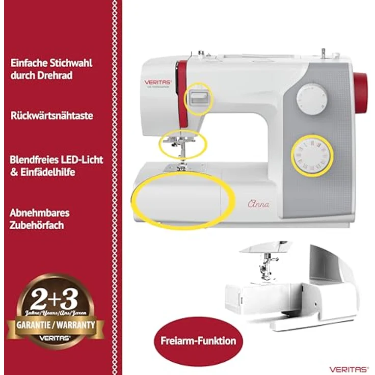 Veritas Freiarmnähmaschine Anna WeiŸß rot Hand-Nähmaschine, weiß – Bild 4