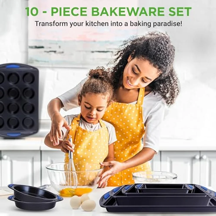 Backformen-Set für den Backofen ? Deluxe, antihaftbeschichtet, blaue Diamanten, innen und außen, Karbonstahl, mit roten Silikongriffen, 10-teilig – Bild 2