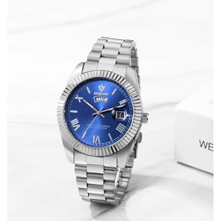 JewelryWe Herrenuhr Edelstahl, 30m wasserdicht, Analoguhr mit Leuchtzeigern, Blau römische Ziffern, Datum und Wochentag, Silber Edelstahlarmband – Bild 2