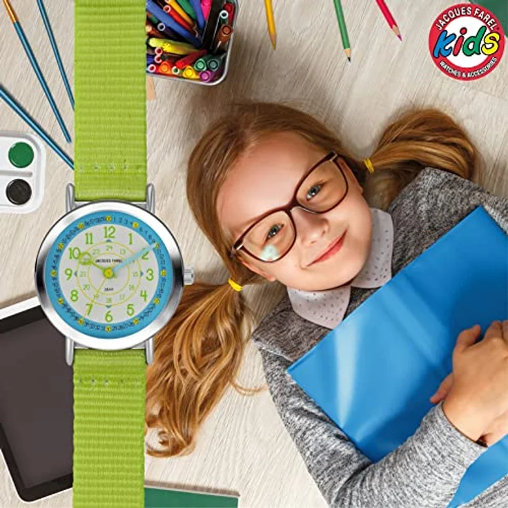 JACQUES FAREL Happy Learning Kinder-Armbanduhr Lernuhr Jungen 24h Analog Quarz Metall Textilband Grün KOP 05 – Bild 5